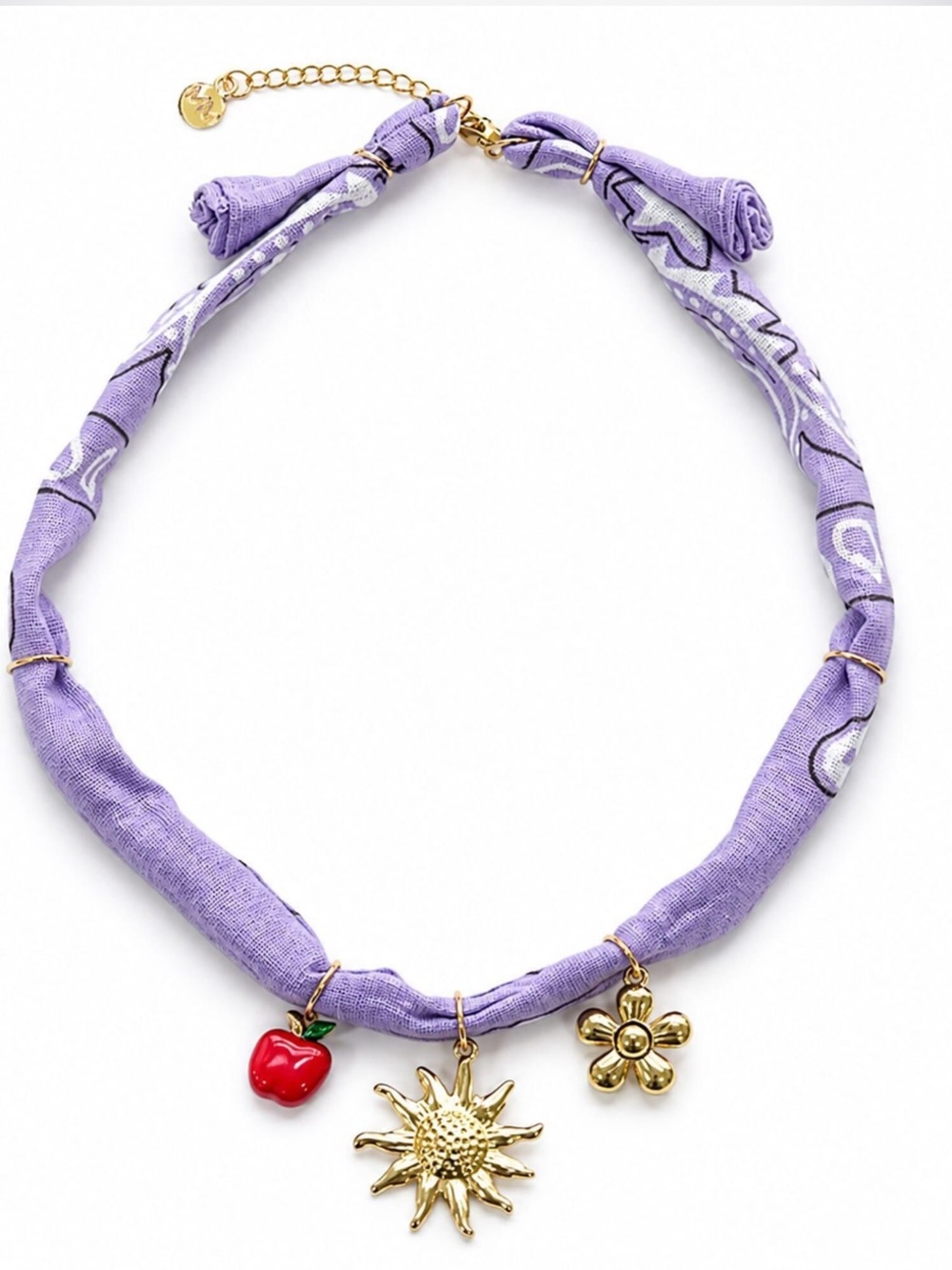 New mayamar Lavender Bandana Necklace with Gold Sun, Flower & Red Apple Charms
